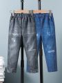 SHEIN Kids EVRYDAY Young Boy Casual Denim Print Long Pants 2pcs Outfit