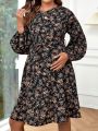 SHEIN Maternity Ditsy Floral Print Lantern Sleeve Belted Dress