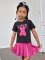 SHEIN Kids Cooltwn Toddler Girls' Cartoon Bear & Letter Print Short Sleeve Top With Round Neckline And Woven Skirt