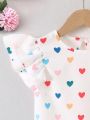 SHEIN Kids Nujoom Toddler Girls' Casual Round Neck Double Layered Flutter Sleeve Colorful Heart Print Blouse For Summer