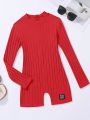SHEIN Big Girls' Knitted Solid Color Short Jumpsuit With Small Stand Collar, Tight Fit For Casual Wear