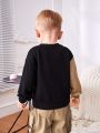 SHEIN Infant Boys' Leisure Cute Bear Pattern Color Block Long Sleeve Round Neck Sweatshirt