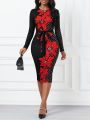 SHEIN Lady Women's Floral Polka Dot Print Splicing Belted Dress