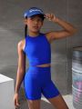 SHEIN Tween Girls' Seamless Knitted Solid Color Sports Vest And Shorts Set