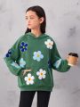 SHEIN Girls' Loose Fit Vintage Flower Pattern Hooded Sweatshirt With Kangaroo Pocket