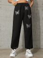 SHEIN Teens' Knitted Velvet Butterfly Printed Casual Sweatpants With Rhinestone Decoration