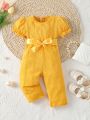 Baby Puff Sleeve Lettuce Trim Belted Jumpsuit