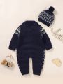 Baby Boys' Geometric Pattern Sweater Romper With Hat