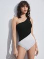 SHEIN BIZwear Women'S Color Block One Shoulder Sleeveless Bodysuit