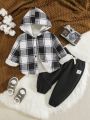 SHEIN Baby Boy Plaid Print Teddy Lined Hooded Coat & Letter Patched Pants