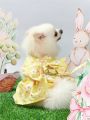 PETSIN Easter Yellow Little Flower Printed Cute Dress With Harness & Leash Set For Pet