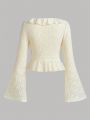 SHEIN Teenagers Girls' Knitted Jacquard Detachable Bow Ruffle Shirt