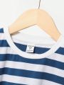 SHEIN Kids Academe 4pcs/Set Young Boys' Striped Knitted Short Sleeve T-Shirt, With Crew Neck