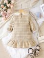 Little Girls' Sweet Peter Pan Collar Simple British Plaid Dress With Ruffles For Autumn/winter