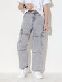 Teen Boy New Casual Fashion Light Grey Cargo-Style Straight Jeans