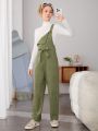 Teenage Girls' Corduroy Sleeveless Long Pants Jumpsuit With Belt For Casual Wear