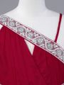 Tween Girls' Wine Red Oblique Shoulder Sequin Embroidery Elegant Party Dress