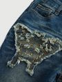 ROMWE Grunge Punk Women's Butterfly Design Embellishment Flared Denim Jeans