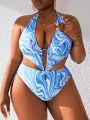 SHEIN Swim Vcay Plus Size Marble Print Halter Neck Backless One-Piece Swimsuit