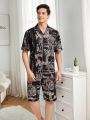 Men's Printed Short Sleeve Shirt With Contrast Color Crew Neck And Shorts Set, Home Wear
