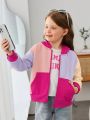 SHEIN Girls' Loose Fit Cute Colorblock Hoodie With Patched Design For Toddlers