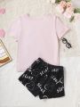 Teens' Simple Love Heart & Letter Printed Short Sleeve Top And Shorts Homewear Set For Girls