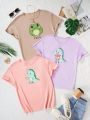 Teen Girls' Dinosaur Print Casual T-Shirt Set Of 3