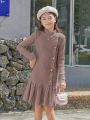 SHEIN Kids KDOMO Girls' Plush Corduroy Half High Collar Contrast Panel Ruffle Hem Dress With Button Decor For Fall/winter
