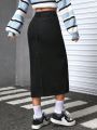 SHEIN PETITE Women's Denim Skirt With Side Slit Hem
