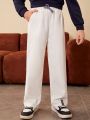 SHEIN Tween Boys' Casual Drawstring Waist Decor Woven Label Straight Leg Solid Color Pants