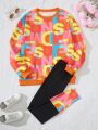 2pcs/Set Teen Girls' Trendy Sweatshirt And Leggings With Letter Print