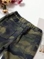 Baby Girl's Casual And Fashionable Camouflage Washed Denim Pants With Cargo Pockets