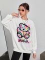 Teen Girls' Casual Cartoon Pattern Round Neck Long Sleeve Sweatshirt, Suitable For Autumn And Winter