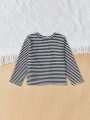 SHEIN Kids KDOMO Girls' Striped Love Heart Pattern Slim Fit Casual T-shirt With Round Neck