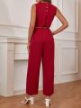 SHEIN Frenchy Women's Solid Color Round Neck Sleeveless Jumpsuit