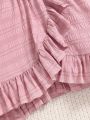 SHEIN Kids FANZEY Tween Girls' Ruffle Trimmed Round Neck Bubble Sleeve Cross-Front Skirt Hem Dress