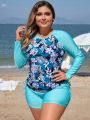 SHEIN Swim Classy Plus Size Women's Tropical Printed Raglan Sleeve Top And Shorts Swimsuit Set