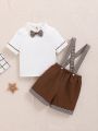 SHEIN Baby Boy's Casual Knitted Short Sleeve Polo Shirt With Color Block Necktie And Plaid Suspenders Shorts Outfit