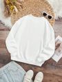 Teen Girls' Casual Fleece Lined Round Neck Sweatshirt With Smiling Face Print, Suitable For Autumn And Winter