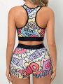 Women's Colorful All Over Printed Letter Lingerie Set