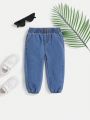 SHEIN Baby Boy's Elastic Waist Loose Fit Comfortable Thin Denim Pants, Water Washed & Cuffed