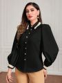 SHEIN Modely Pearls Detail Button Front Lantern Sleeve Shirt
