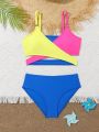Big Girls Contrast Color Hollow Bikini Swimsuit Set