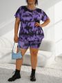 SHEIN CURVE+ Plus Size Women's Letter Print Tie Dye Short Sleeve T-Shirt And Shorts Set