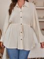 SHEIN CURVE+ Oversized Solid Color Drawstring Waist Batwing Sleeve Jacket