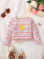 Baby Girl Casual Colorful Striped Towel Embroidered Daisy Long Sleeve Top