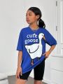 SHEIN Kids Cooltwn Tween Girls' Cool Street Style Knit Goose & Letter Pattern Round Neck Short Sleeve T-Shirt