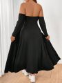 Plus Size Women'S Off Shoulder Long Sleeve Slit Front Dress