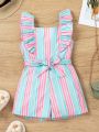 Toddler Girls' Striped Ruffle Edge Belted Jumpsuit Shorts