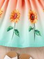 SHEIN Kids SUNSHNE Young Girls' Spring/Autumn Sweet & Cute Romantic Vacation Sunflower Printed Off-Shoulder Dress
